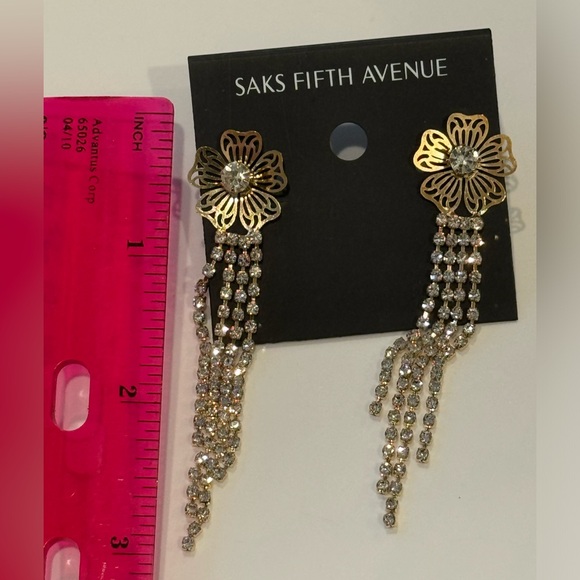 Saks Fifth Avenue Silver Tone Filigree Flower Crystals Dangling Post Earrings - Picture 4 of 4